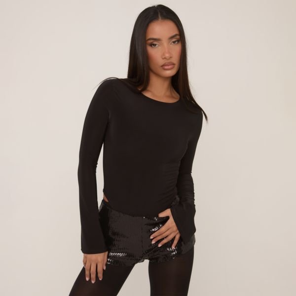 EGO Mid Rise Knicker Short In Black Sequin, Women's Size UK 4 - 2