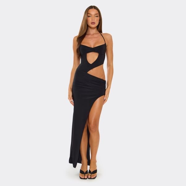 EGO Strappy Cut Out Gathered Bust Detail Maxi Dress In Black Slinky, Women's Size UK 8 - 2