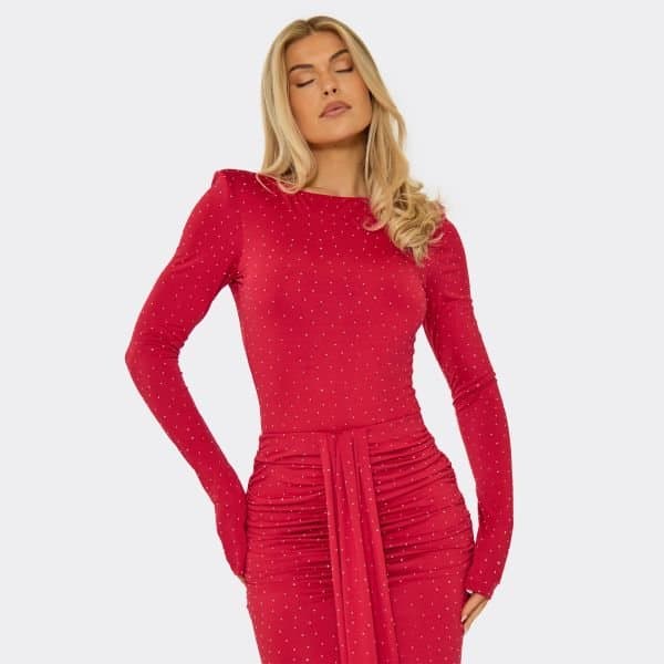 EGO EGO Red Shoulder Padded Bodysuit with Long Sleeves
