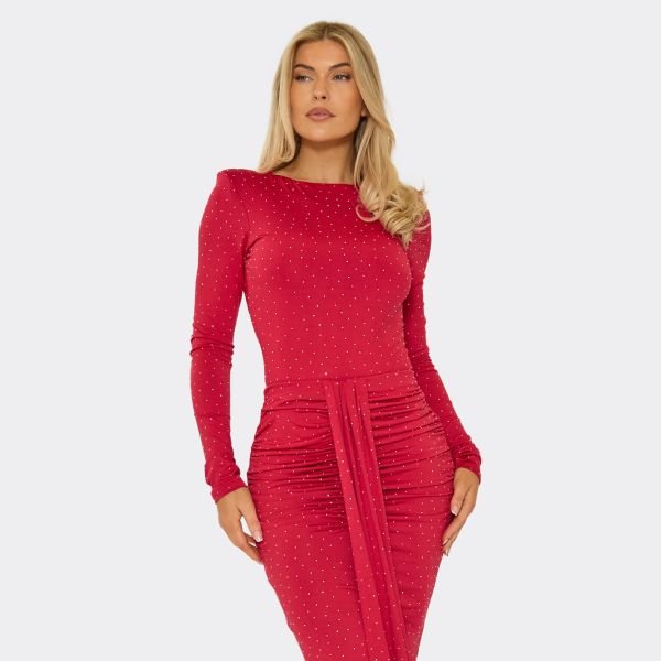 EGO Shoulder Padded Hotfix Embellished Detail Bodysuit In Red, Women's Size UK 6 - 2