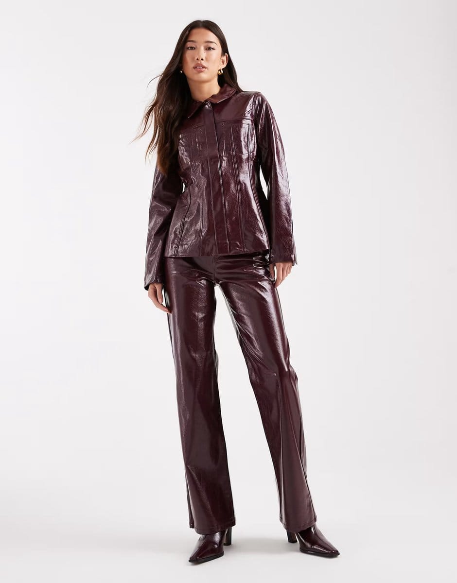 ASOS Vero Moda Tessa high waist wide leg vinyl trouser co-ord in burgundy - 1