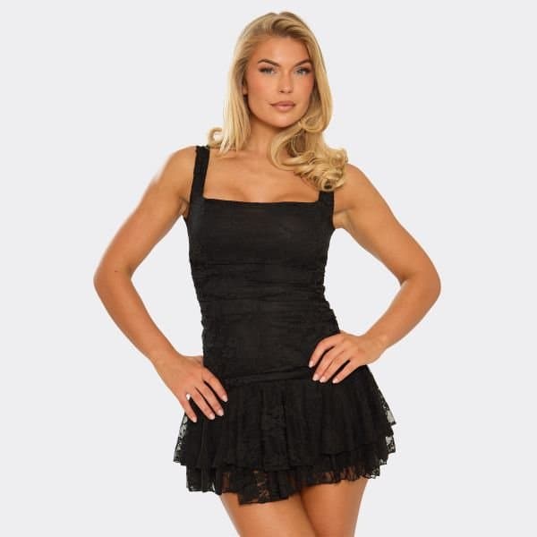 EGO Square Neck Frill Hem Detail Mini Dress In Black Lace, Women's Size UK 6