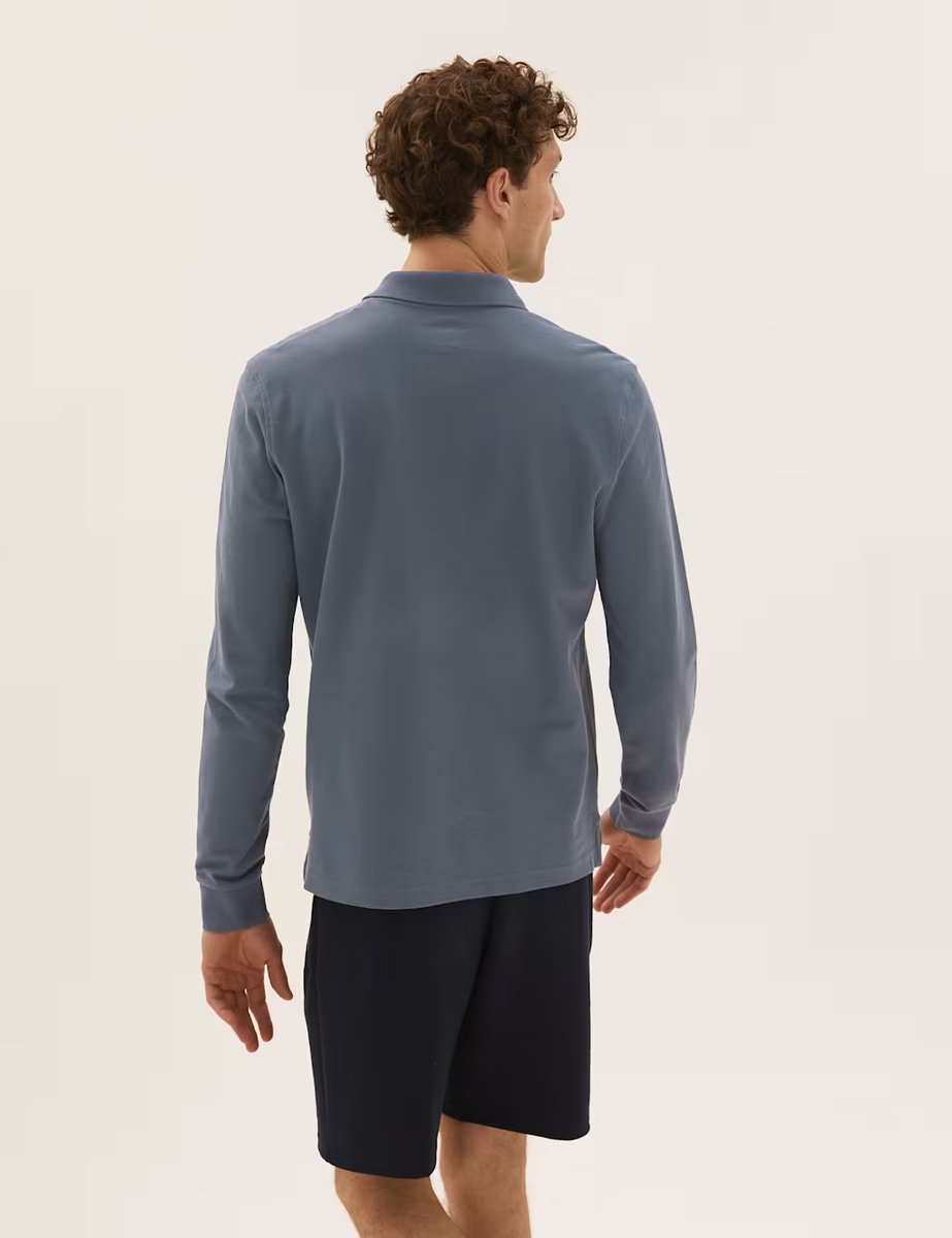 Marks & Spencer M&S Pure Cotton Long Sleeve Polo Shirt Petrol Green - 3