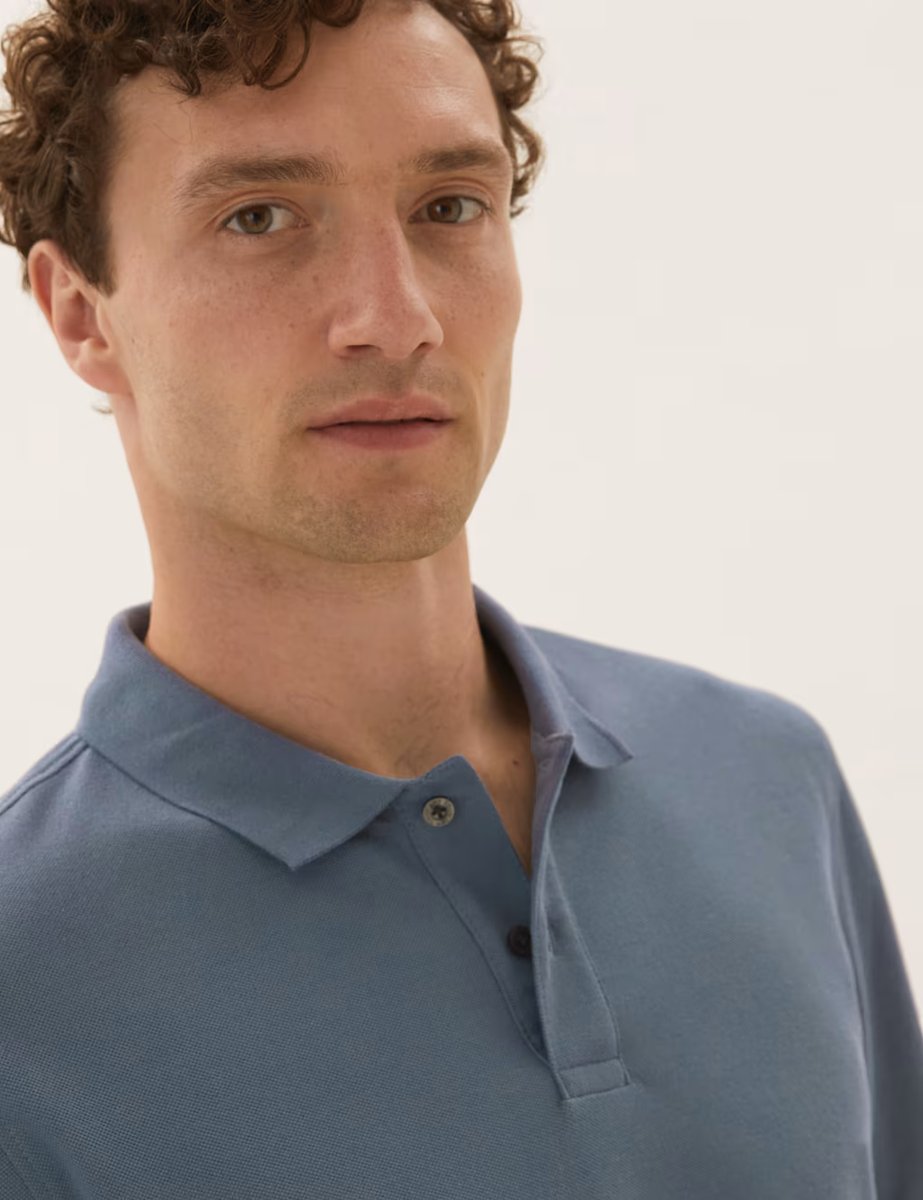 Marks & Spencer M&S Pure Cotton Long Sleeve Polo Shirt Petrol Green - 4