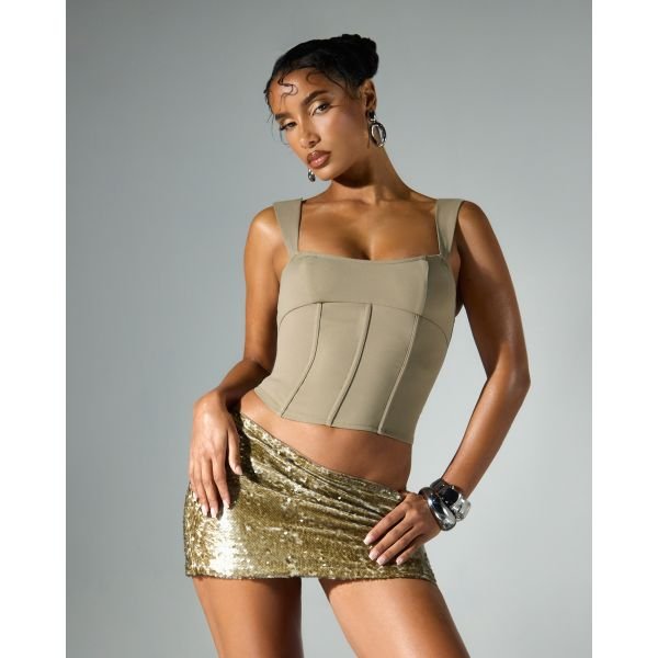 EGO Cup Detail Corset Top In Light Khaki, Women's Size UK 6 - 2