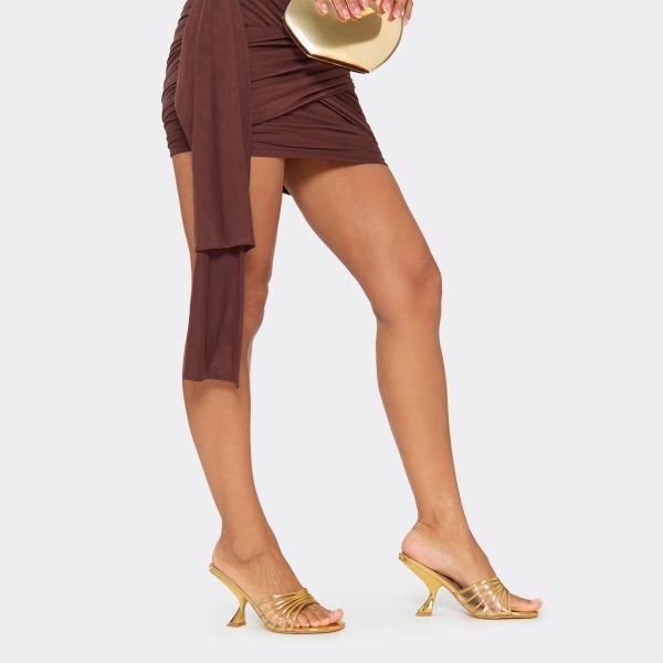 EGO Extra-Miles Strappy Detail Flared Heel Mule In Gold Faux Leather, Women's Size UK 3 - 1