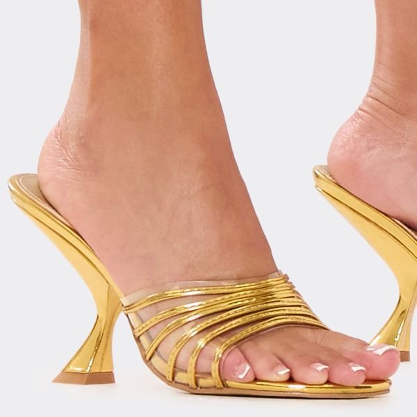 EGO Extra-Miles Strappy Detail Flared Heel Mule In Gold Faux Leather, Women's Size UK 3 - 2