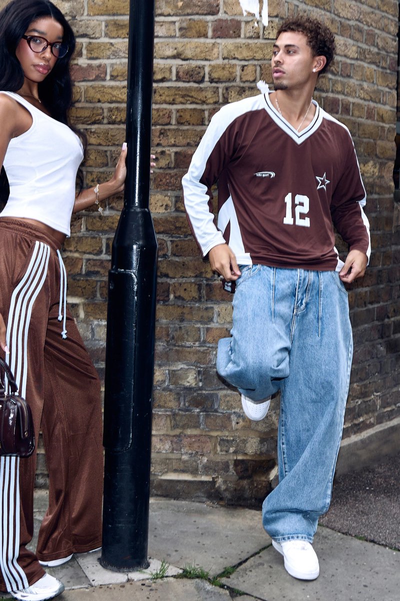 Kaiia Kaiia Oversized Long Sleeve Football Shirt Brown & Baby Blue - 4