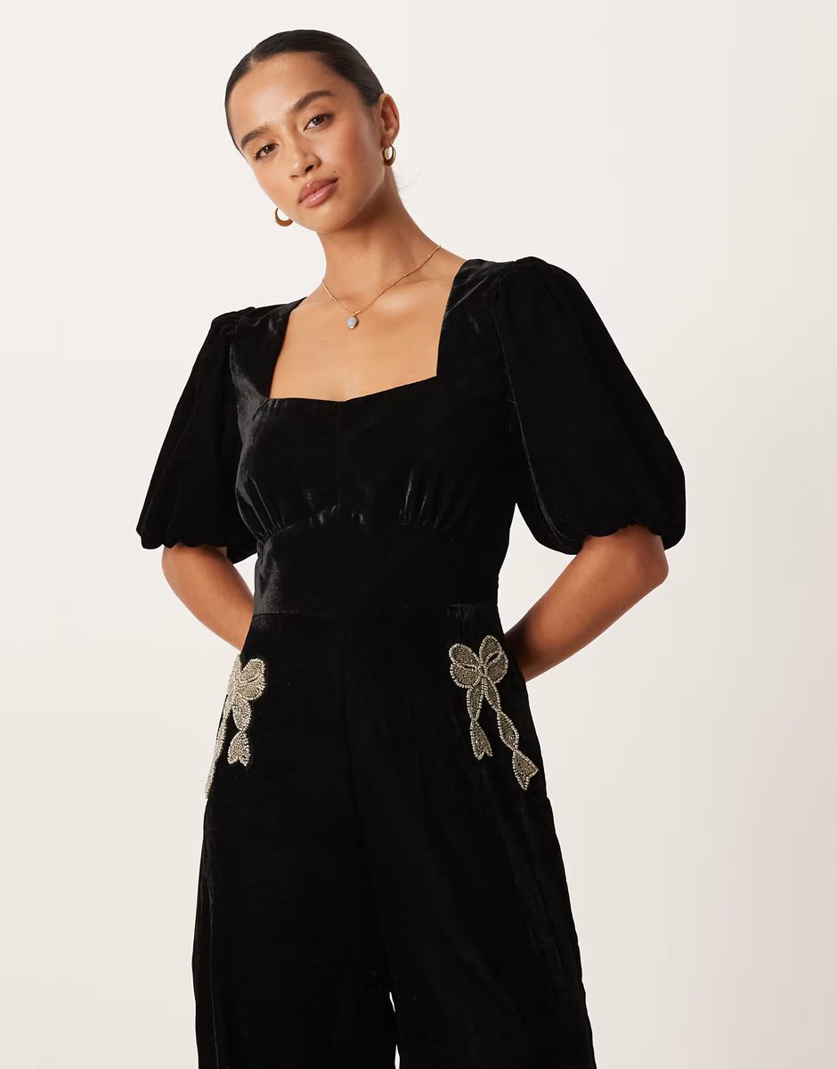 ASOS Hope & Ivy Petite square neck velvet jumpsuit with embellished bows in black - 3