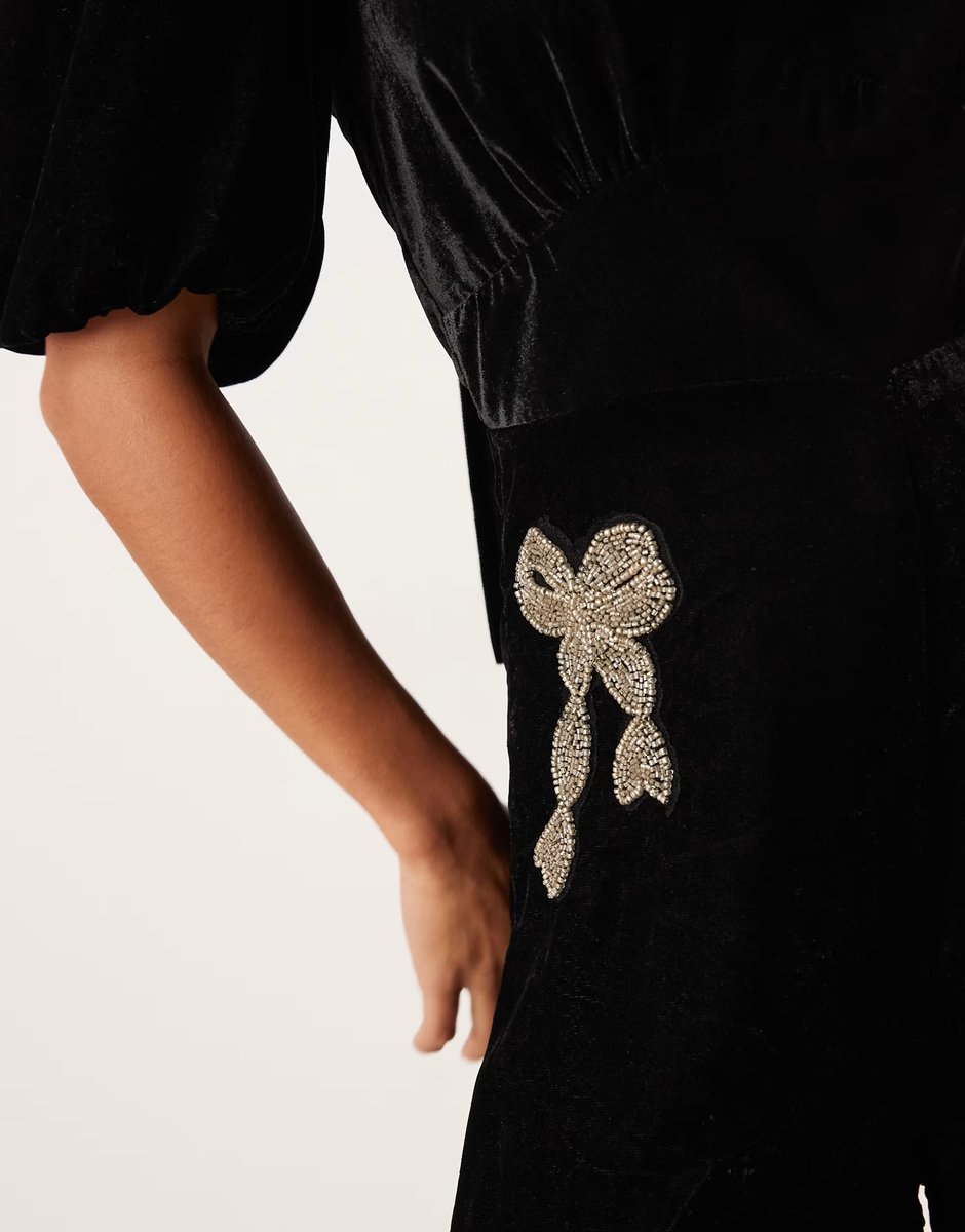 ASOS Hope & Ivy Petite square neck velvet jumpsuit with embellished bows in black - 4