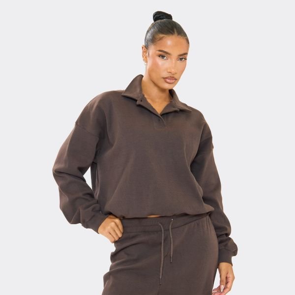 EGO Oversized Button Polo Sweatshirt In Chocolate Brown Ribbed, Women's Size UK 6 - 1