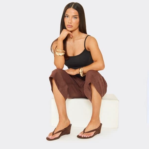 EGO Alba Thong Strap Detail Wedge Heel In Brown Faux Suede, Women's Size UK 3