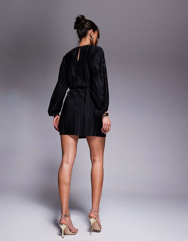 ASOS ASOS DESIGN plisse blouson sleeve and waist mini dress in black - 3