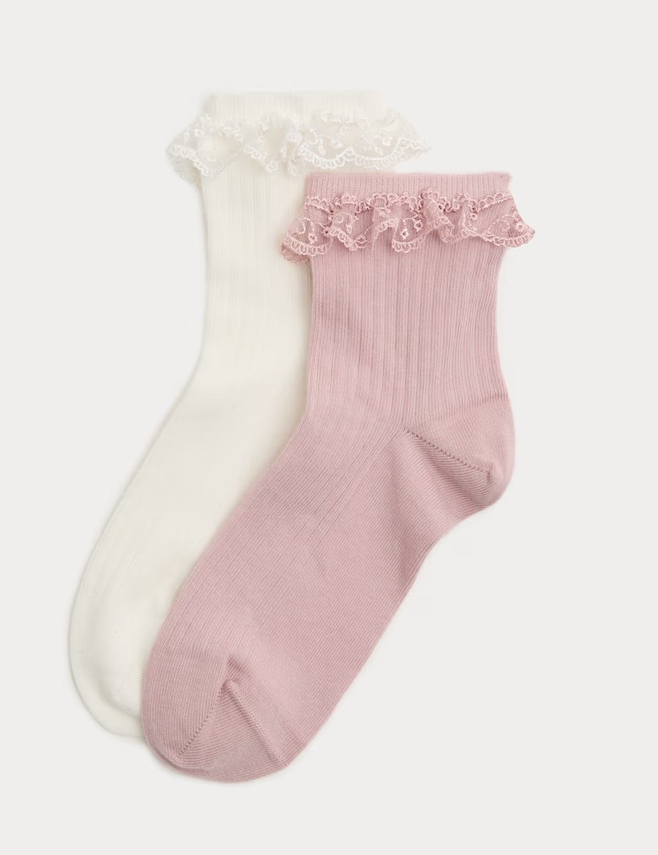 Marks & Spencer M&S 2 Pack Cotton Rich Crochet Quarter Socks Ivory Mix - 2