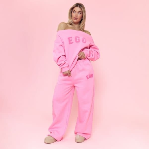 EGO Low Rise Ego Borg Graphic Wide Leg Joggers In Hot Pink, Women's Size UK 6