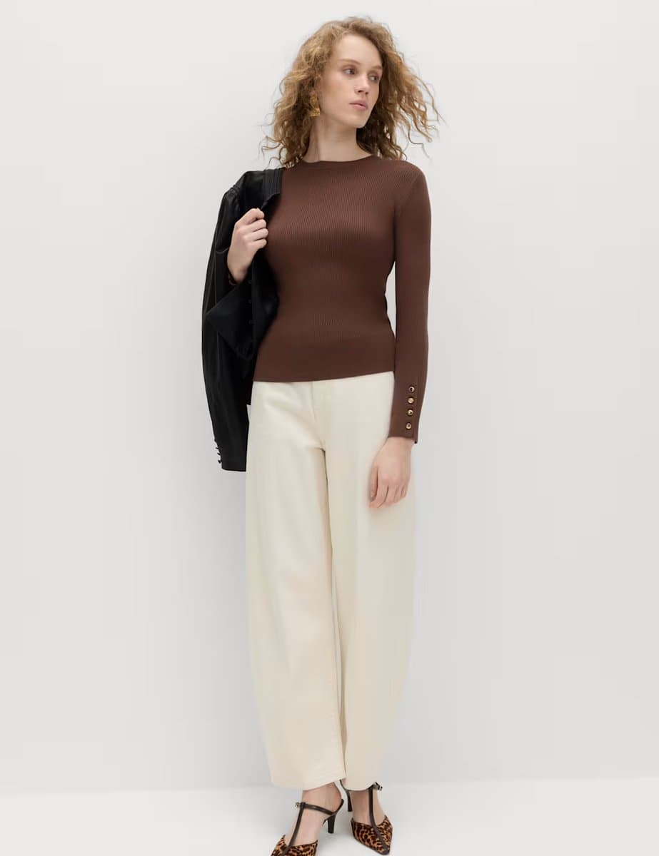 Marks & Spencer M&S Brown Ribbed Crew Neck Button Detail Jumper