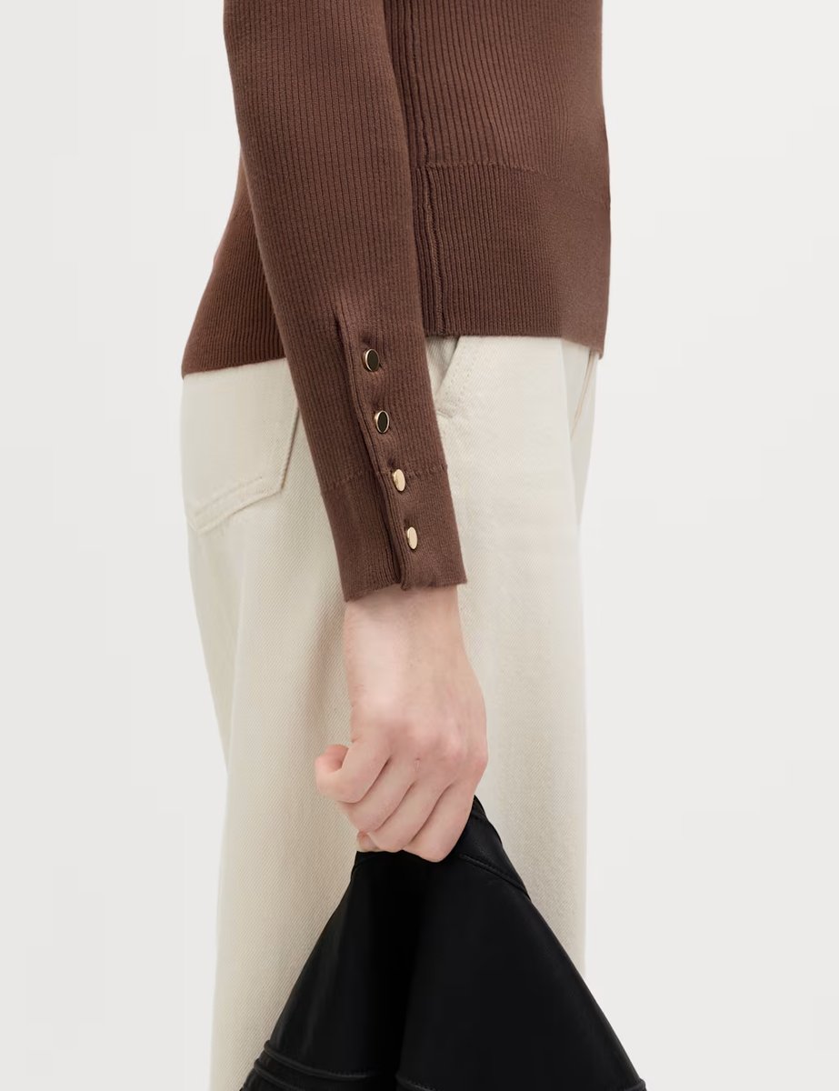 Marks & Spencer M&S Ribbed Crew Neck Button Detail Jumper Brown - 2