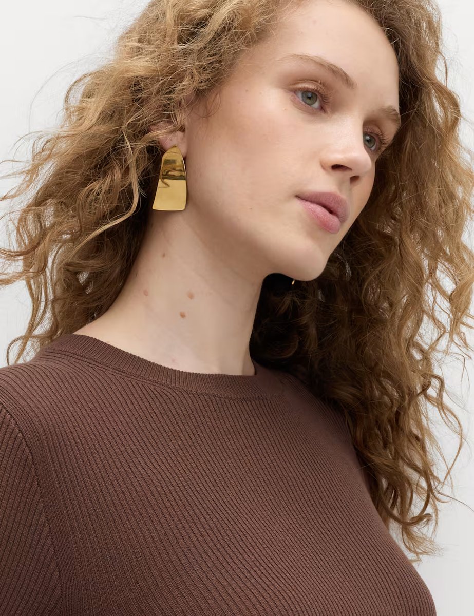 Marks & Spencer M&S Ribbed Crew Neck Button Detail Jumper Brown - 3