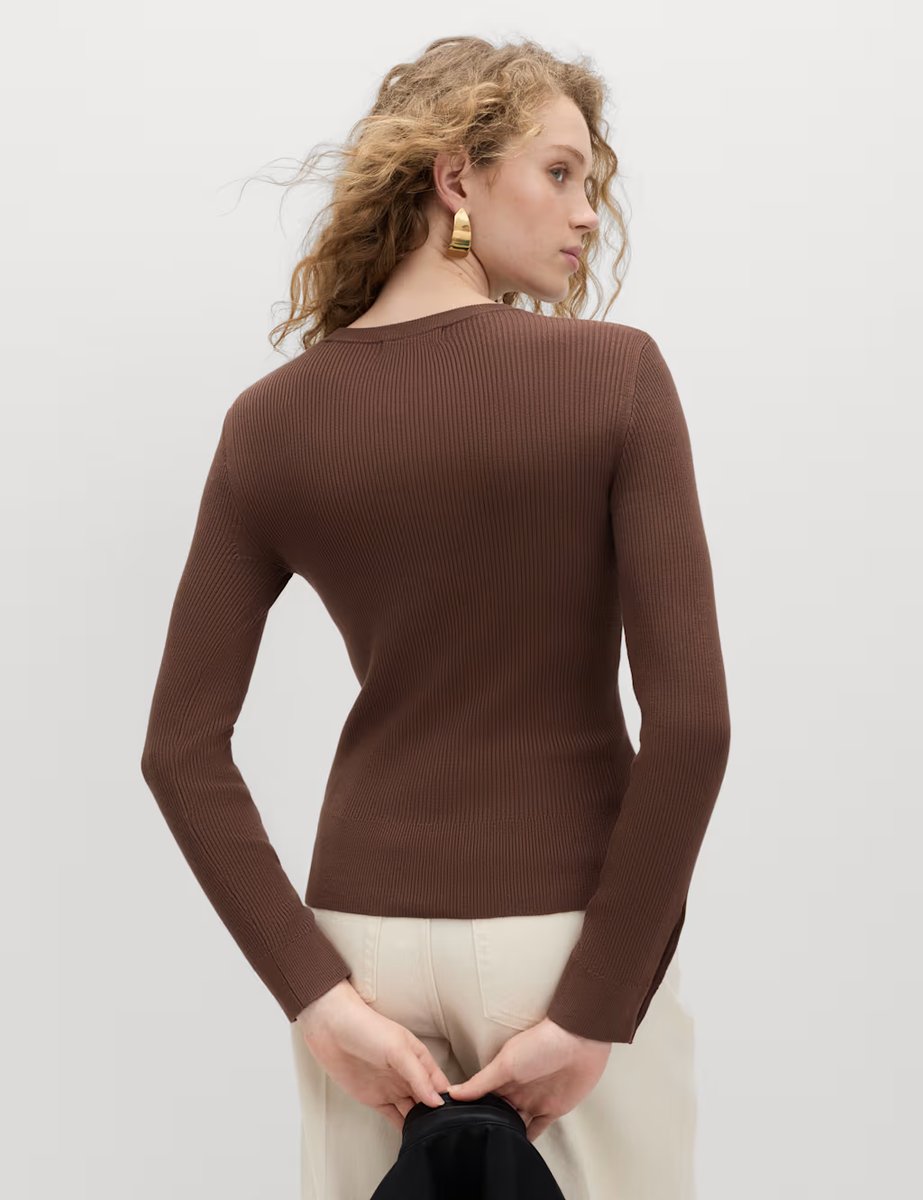 Marks & Spencer M&S Ribbed Crew Neck Button Detail Jumper Brown - 4