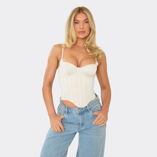EGO Strappy Tie Lace Back Corset Top In Champagne Satin, Women's Size UK 8 - 1