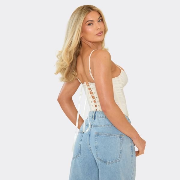 EGO Strappy Tie Lace Back Corset Top In Champagne Satin, Women's Size UK 8 - 2