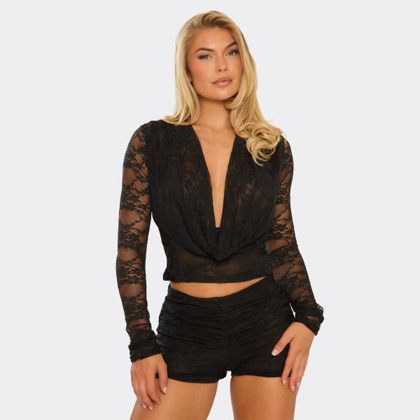 EGO Long Sleeve Cowl Neck Detail Top In Black Lace, Women's Size UK 6 - 2