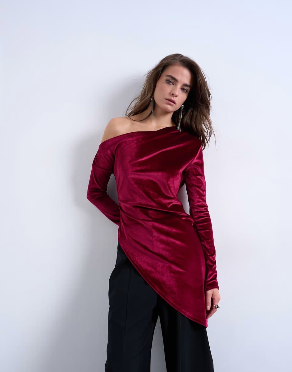 ASOS ASOS Velvet Off Shoulder Tunic Top in Plum