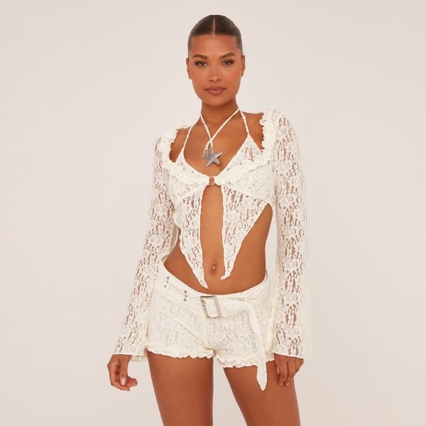 EGO Low Rise Belted Micro Shorts In Cream Lace, Women's Size UK 10 - 2
