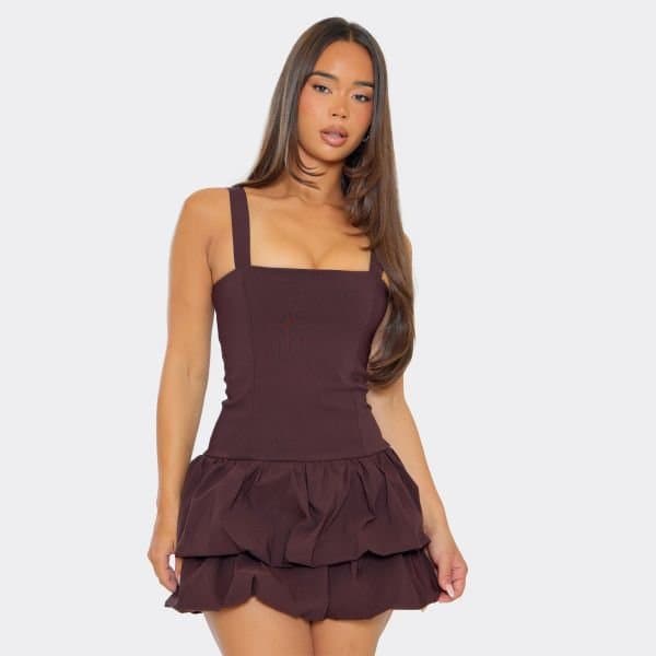 EGO Square Neck Double Puffball Mini Dress In Chocolate Brown, Women's Size UK 6