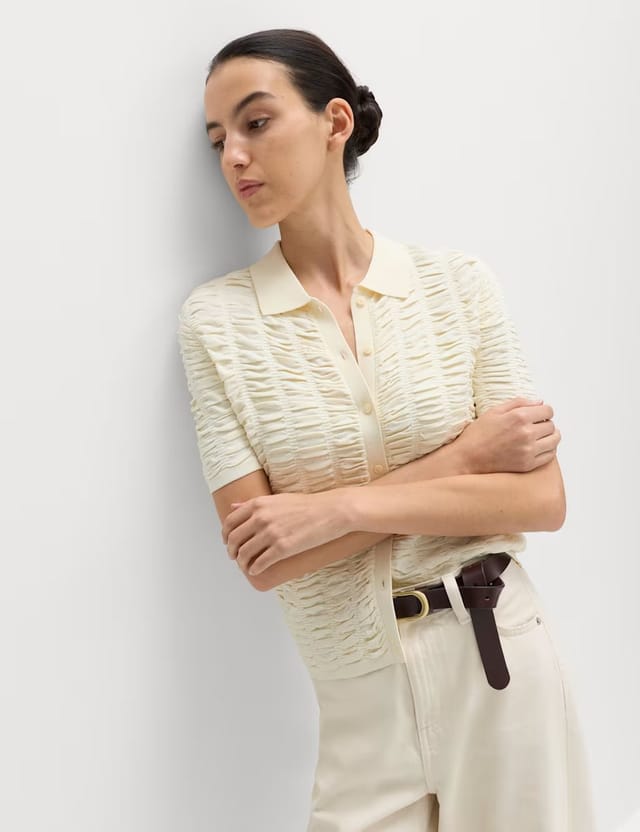 Marks & Spencer M&S Textured Collared Fitted Cardigan Buttermilk - 3