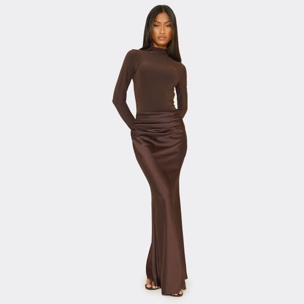 EGO Mid Rise Ruched Draped Front Maxi Skirt In Chocolate Brown Satin, Women's Size UK 6 - 1