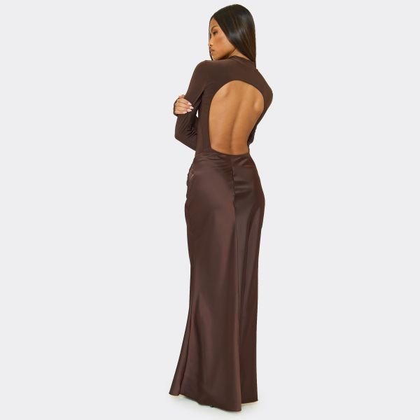 EGO Mid Rise Ruched Draped Front Maxi Skirt In Chocolate Brown Satin, Women's Size UK 6 - 2