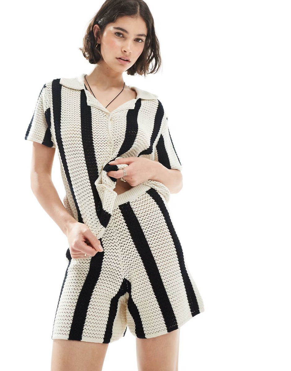ASOS Pieces crochet knit short co-ord in black and white stripe - 1