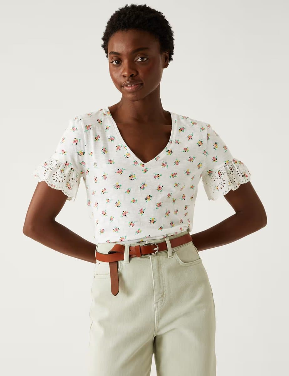 Marks & Spencer M&S Pure Cotton Printed Top Ivory Mix
