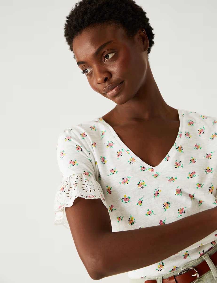 Marks & Spencer M&S Pure Cotton Printed Top Ivory Mix - 3