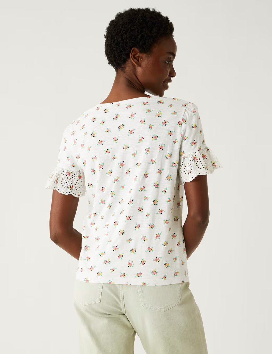Marks & Spencer M&S Pure Cotton Printed Top Ivory Mix - 4