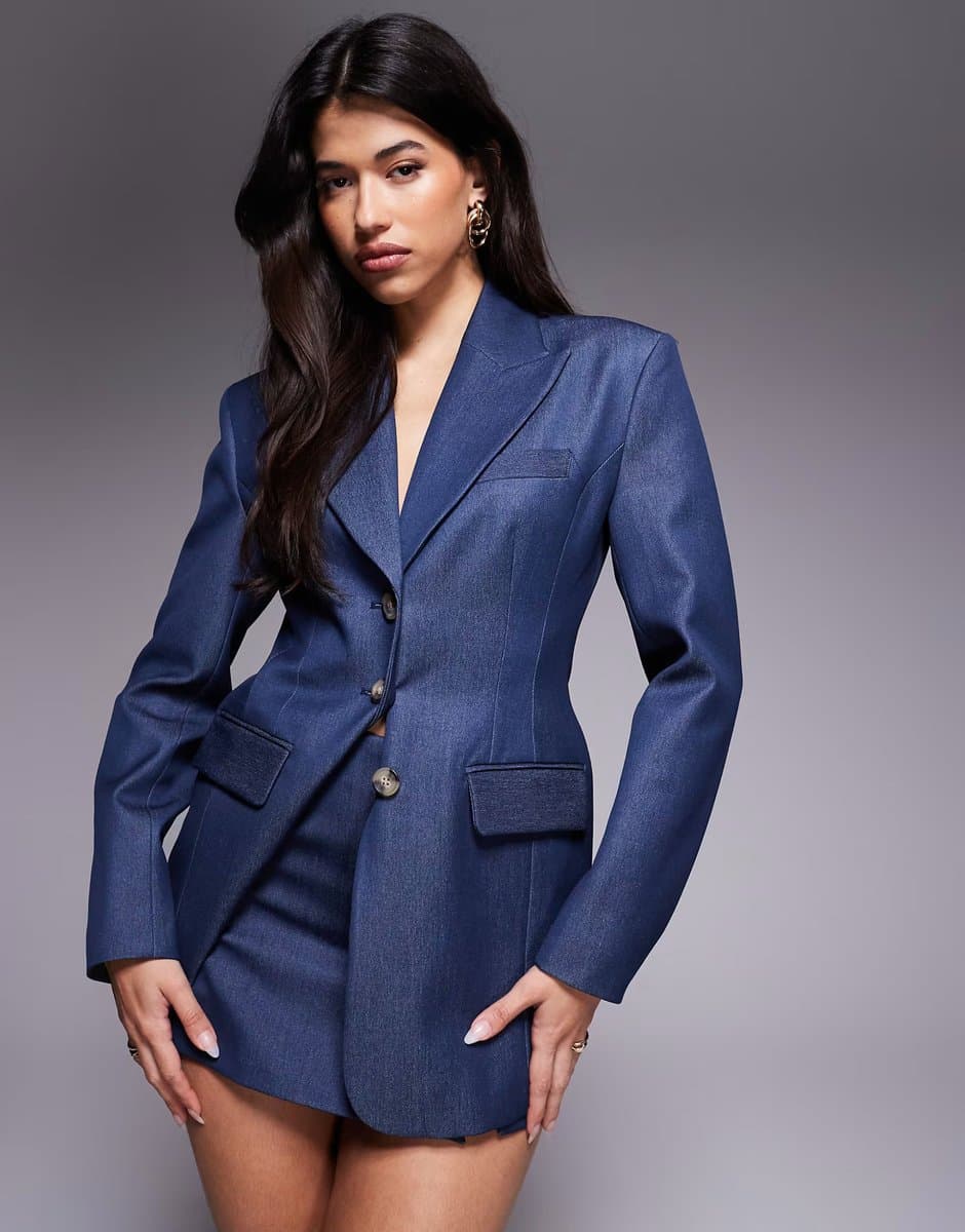 ASOS River Island cinch waist premium denim blazer co-ord in indigo