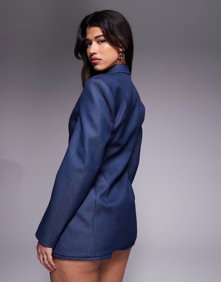 ASOS River Island cinch waist premium denim blazer co-ord in indigo - 2