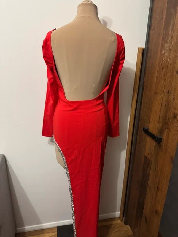 ASOS Design red festive asymmetrical mini diamond trim embellished stones open back christmas dress size 10