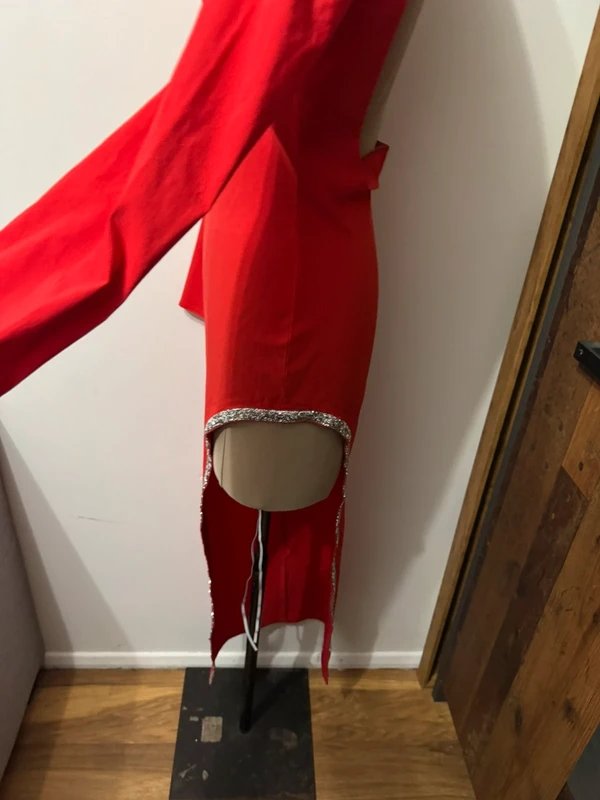 ASOS Design red festive asymmetrical mini diamond trim embellished stones open back christmas dress size 10 - 2