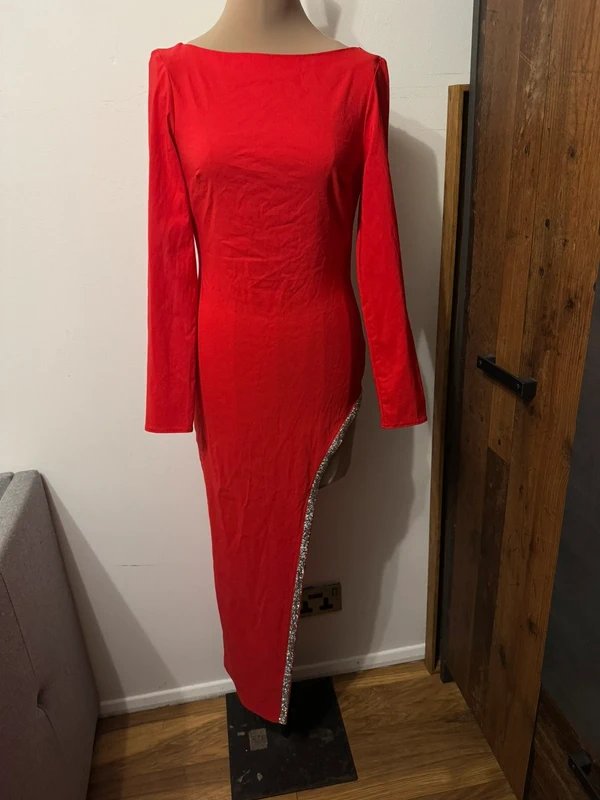 ASOS Design red festive asymmetrical mini diamond trim embellished stones open back christmas dress size 10 - 3