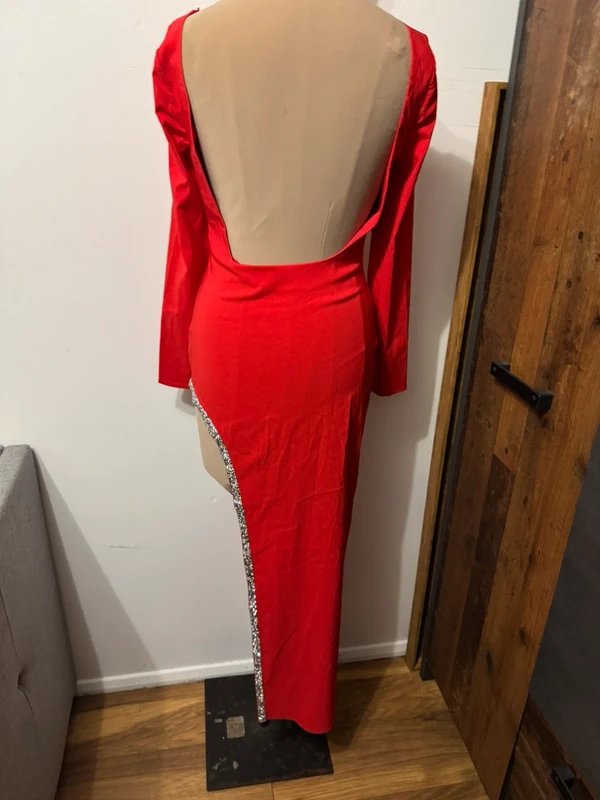 ASOS Design red festive asymmetrical mini diamond trim embellished stones open back christmas dress size 10 - 4