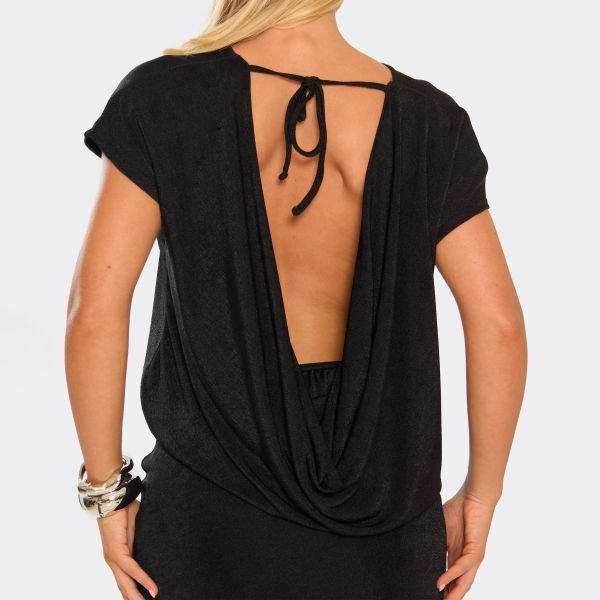 EGO Short Sleeve Cowl Back Detail Top In Black Slinky, Women's Size UK 6 - 2