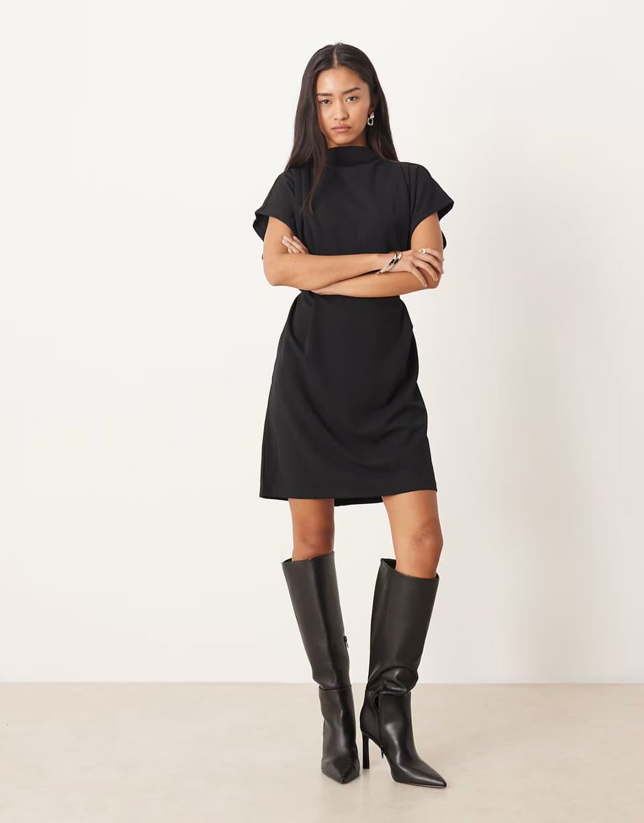 ASOS Vila high neck tie waist mini dress in black