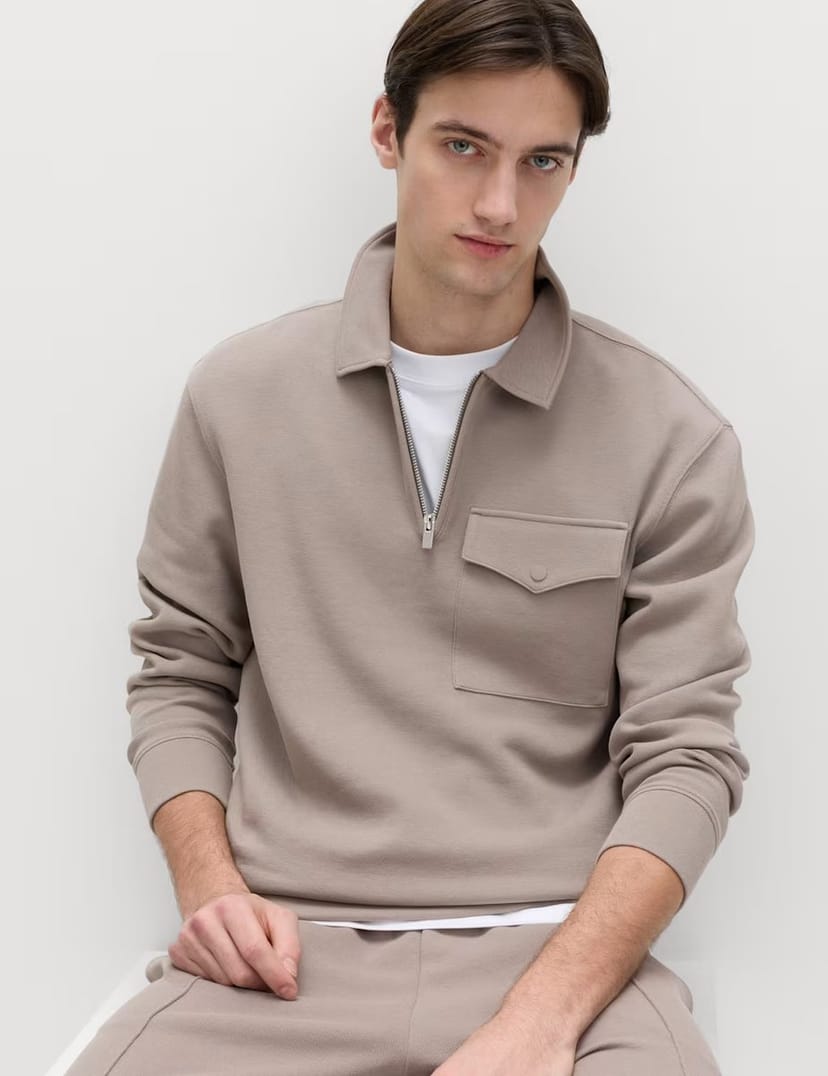 Marks & Spencer M&S Cotton Blend Pique Half Zip Top Mushroom - 1