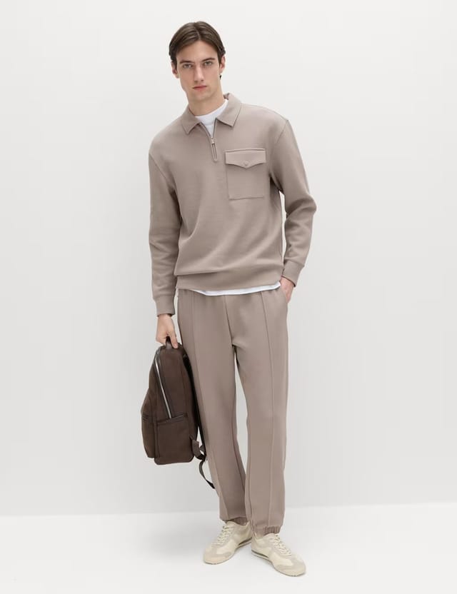 Marks & Spencer M&S Cotton Blend Pique Half Zip Top Mushroom - 2