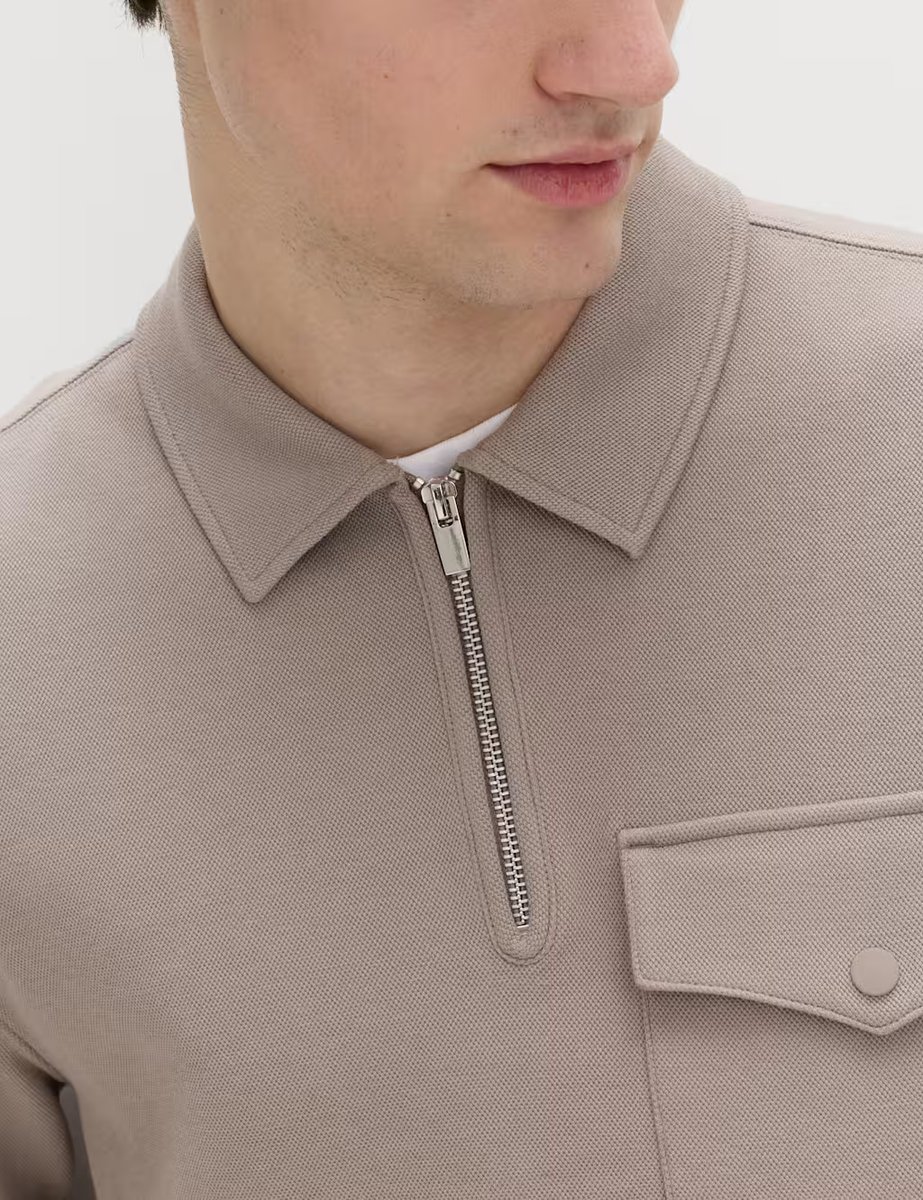 Marks & Spencer M&S Cotton Blend Pique Half Zip Top Mushroom - 3