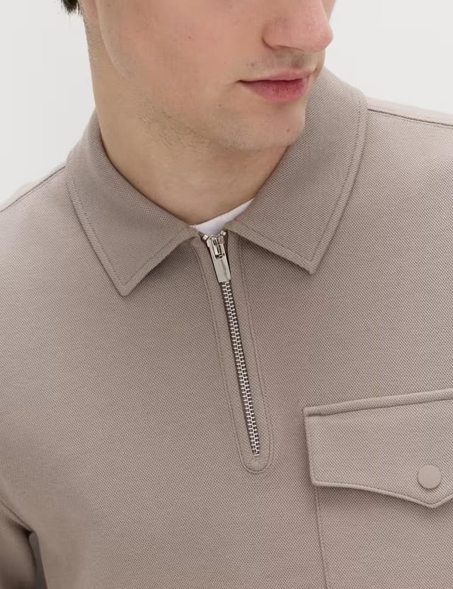 Marks & Spencer M&S Cotton Blend Pique Half Zip Top Mushroom - 3
