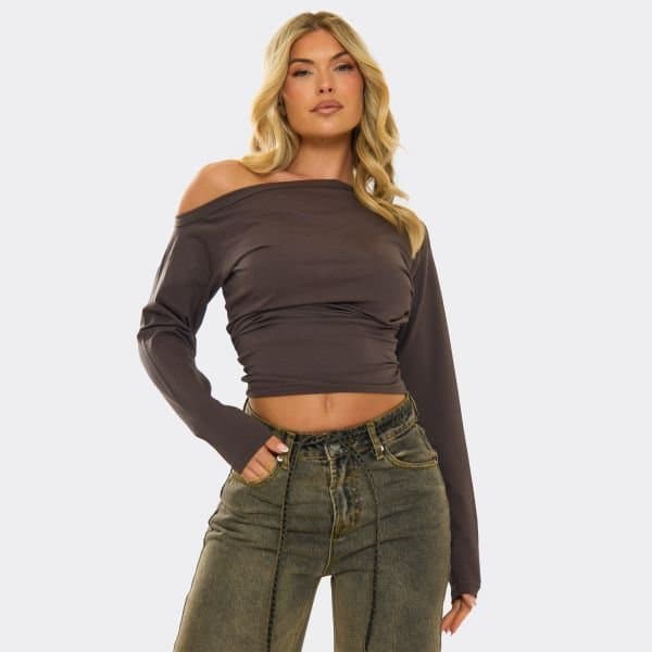 EGO Slash Neck Long Sleeve Cinched Waist Detail T-Shirt In Brown, Women's Size UK 4