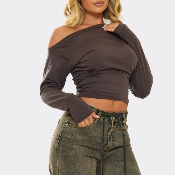 EGO Slash Neck Long Sleeve Cinched Waist Detail T-Shirt In Brown, Women's Size UK 4 - 2